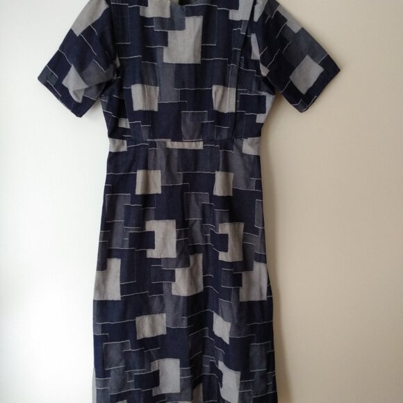 Handmade Denim Jean Patchwork Dress Plus Size 44.5"B 34"W Amish Mennonite Cape - Picture 2 of 14